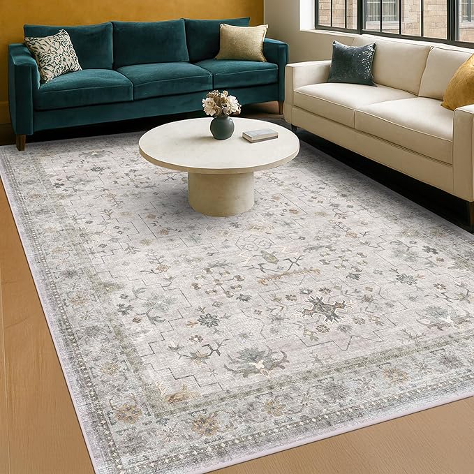 Boho Light Grey Living Room Rug 6x9 - Modern Vintage Eclectic Floral Paste Neutral Taupe, Washable Low Pile Non-Slip Large Area Rugs for Dining Under Table Bedroom