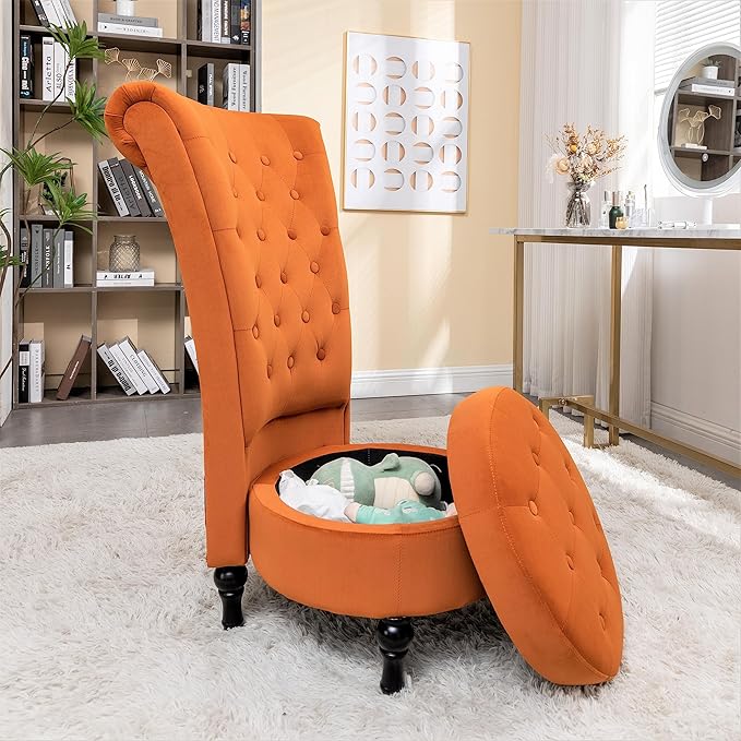 Container Furniture Direct Royal High-Back Velvet Accent Chair for Vanity with Storage and Luxurious Upholstery, Retro Design and Versatile Usage for Livingroom, Bedroom, Lounge and Office, Red Orange