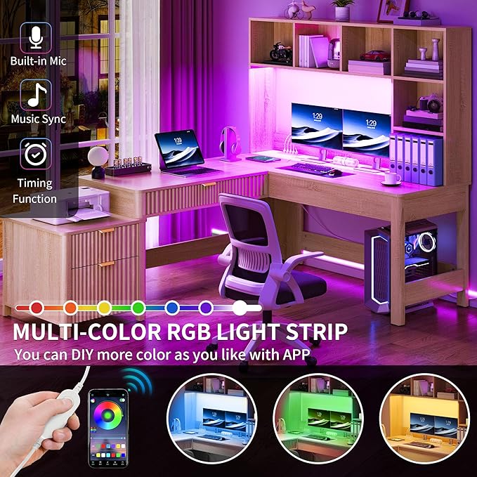YITAHOME L Shaped Desk with Hutch and Drawers, 67" Computer Desk Gaming Desk with Power Outlets & LED Lights, Wood Home Office Desk with Printer Stand, Fluted Sturdy Writing Workstation, Natural Oak