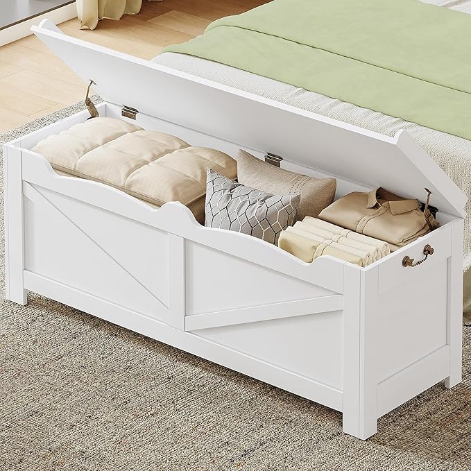 47.2" Storage Chest, Extra Large Storage Trunk with 2 Safety Hinges, Wooden Box Bench, Lift-Top Organizer Chest, Shoe Bench for Entryway, Bedroom, Living Room, White SB14503X