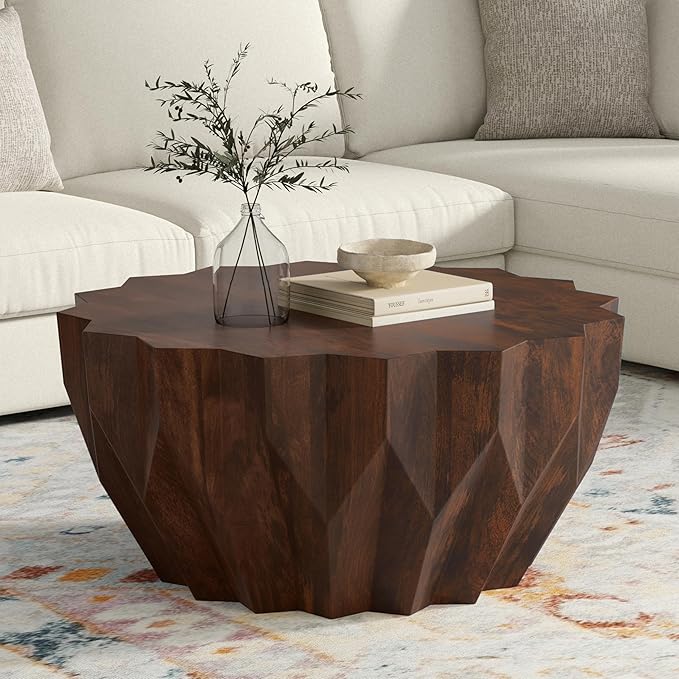 SIMPLIHOME Turnbull Coffee Table - 34 inch Wide Solid Mango Wood Living Room Table in Walnut, Contemporary Sculptural Table for Family Room with Faceted Drum Design and Geometric Cut Edges, Assembled