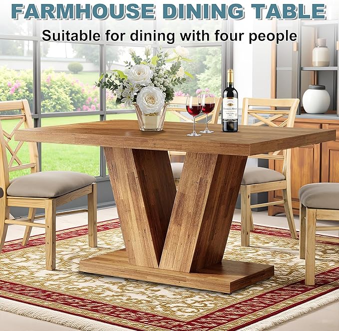Dining Table for 4-6, 47" Farmhouse Dinner Table with with Wooden Tabletop and Heavy Duty Pedestal Wooden Rectangular Kitchen Tables for Dining Room, Kitchen, Living Room, Walnut Brown