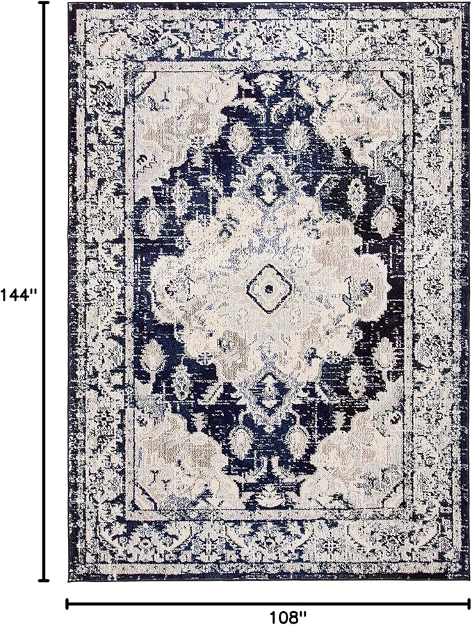 SAFAVIEH Monaco Collection Area Rug - 9' x 12', Ivory & Navy, Boho Chic Medallion Distressed Design, Non-Shedding & Easy Care, Ideal for High Traffic Areas in Living Room, Bedroom (MNC243C)