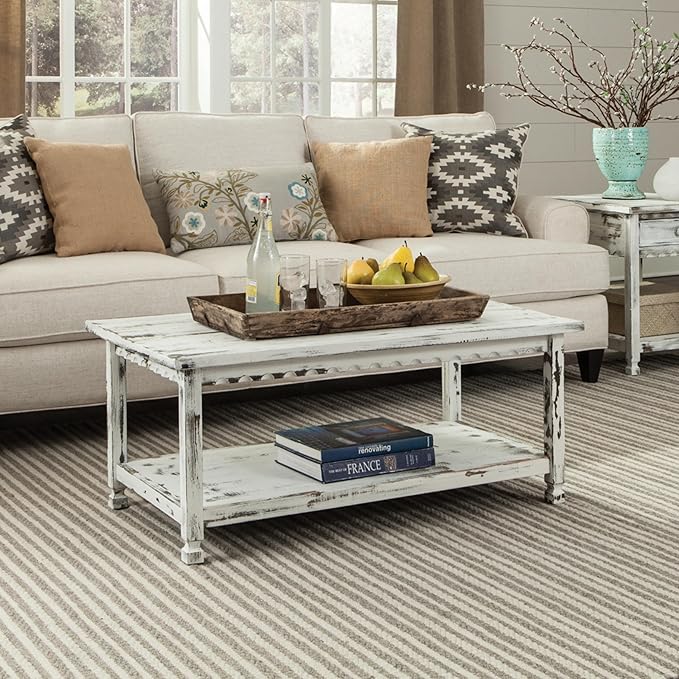 Country Cottage 42-Inch Farmhouse Coffee Table with Storage Shelf and White Antique Finish for Living Room or Family Room by Alaterre Furniture