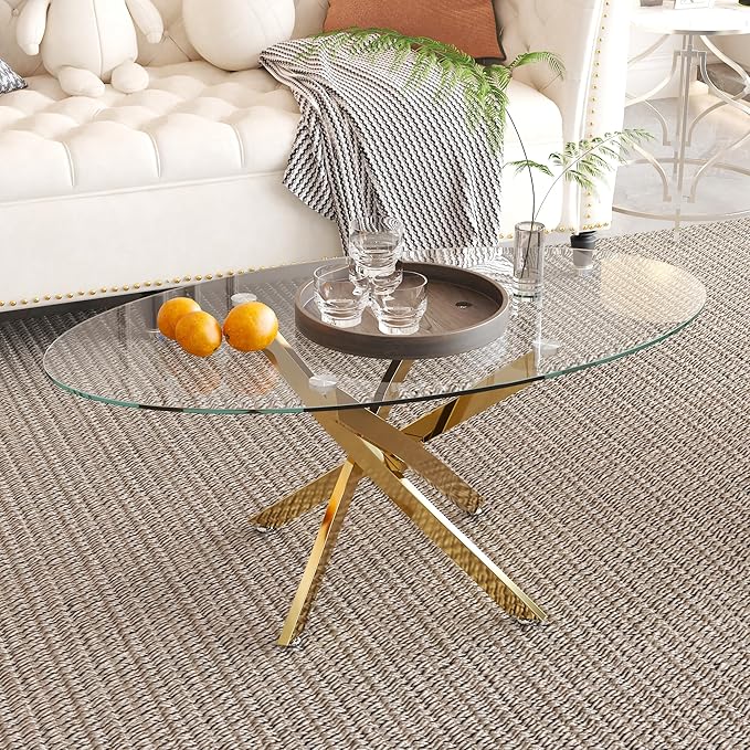 Glass Coffee Table with Chromed Legs, Oval Modern Living Room Center Table for Home Office Living Room (Gold)