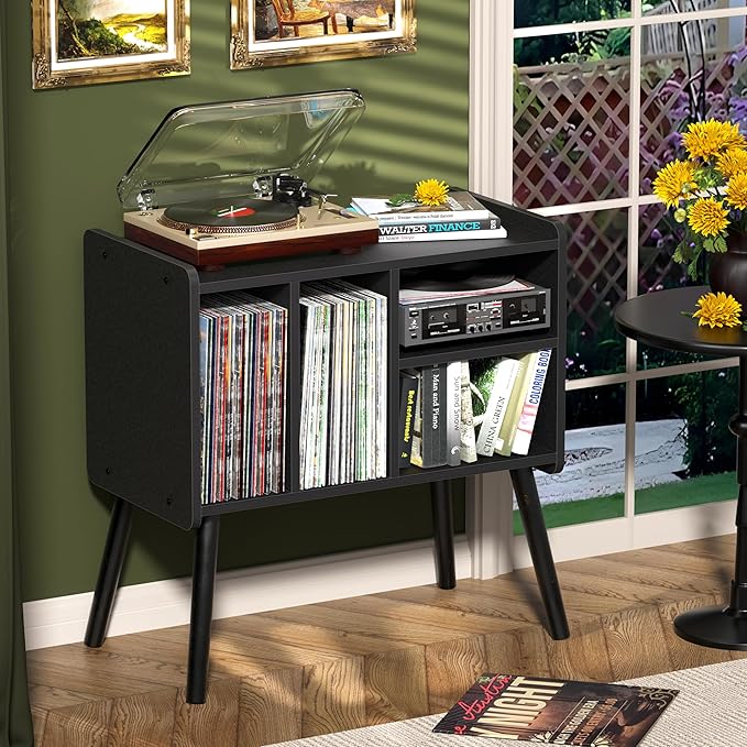 Record Player Table, Mid-Century Record Player Stand with Vinyl Storage Hold Up to 150+ Albums, Vinyl Record Cabinet with Adjustable Shelves, Wood Turntable Stand for Music Living Room (Black)