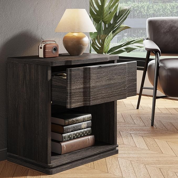 Nightstand with Charging Station, Wooden Curved Night Stand Bedside Table with Storage Shelf & Drawer, Large Mid Century Modern Accent End Table for Bedroom Living Room Office, Black and Gray