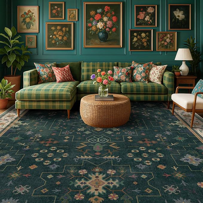 Dark Green Oushak Living Room Rug 10x12 - Modern Vintage Boho Eclectic Floral Pastel, Washable Low Pile Non-Slip Extra Large Area Rugs for Dining Under Table Bedroom Lounge