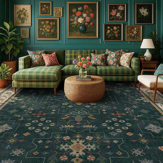 Dark Green Oushak Living Room Rug 10x12 - Modern Vintage Boho Eclectic Floral Pastel, Washable Low Pile Non-Slip Extra Large Area Rugs for Dining Under Table Bedroom Lounge