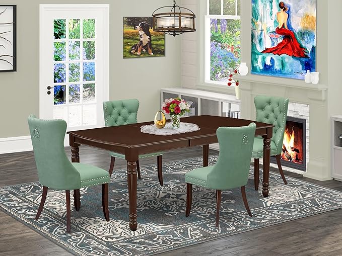 East West Furniture DODA5-MAH-22 5 Piece Kitchen Set Consists of a Rectangle Dining Table with Butterfly Leaf and 4 Polyester Fabric Upholstered Chairs, 42x78 Inch, Mahogany
