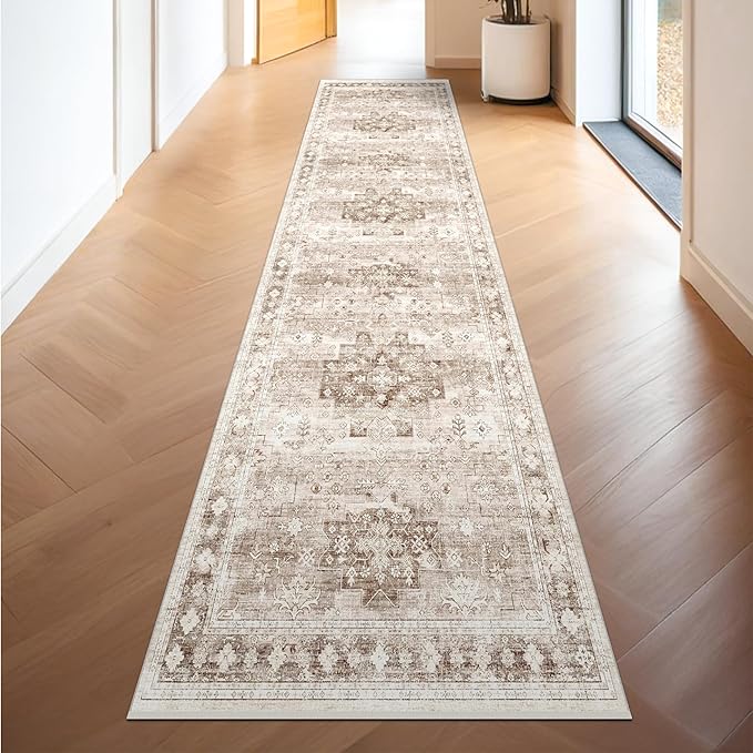 Non Slip Hallway Runner Rug - 2 x 10 Runner Rug, Washable & Waterproof Kitchen Floor Mat - Extra Long Neutral Farmhouse Boho Design Décor (2x10 Beige/Latte)