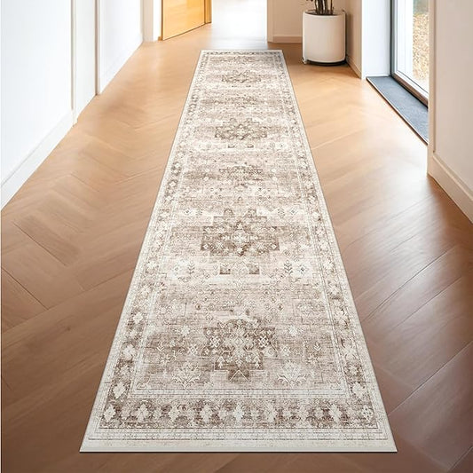 Non Slip Hallway Runner Rug - 2 x 10 Runner Rug, Washable & Waterproof Kitchen Floor Mat - Extra Long Neutral Farmhouse Boho Design Décor (2x10 Beige/Latte)