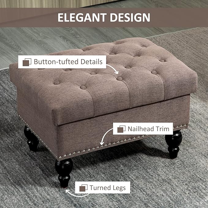 HOMCOM Ottoman with Storage for Living Room, 25" Storage Ottoman with Removable Lid, Button-Tufted Fabric Bench for Footrest and Seat with Wood Legs, Coffee