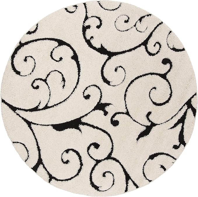 SAFAVIEH Florida Shag Collection 8' Round Ivory/Black SG455 Scrolling Vine Graceful Swirl Textured Non-Shedding Living Room Bedroom 1.2-inch Thick Area Rug