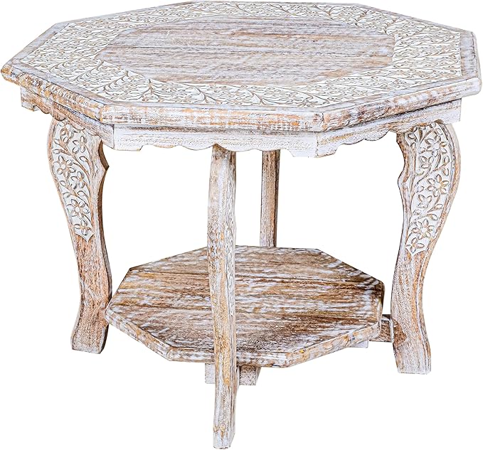 Farmhouse Carved Octagonal End Table – Rustic Accent Side Table with Hand Carved Floral Detailing, Portable Wood Tray Top, White Wash Finish, 24" Dai x 18" Height–Nightstand For Living Room,Bedroom