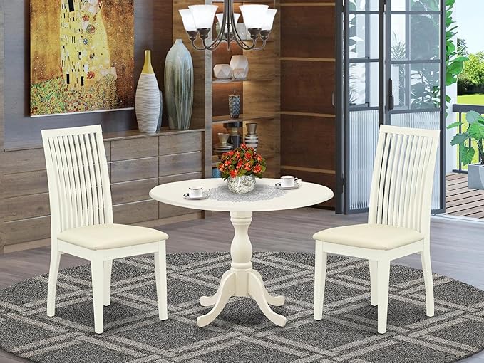 East West Furniture DMIP3-LWH-C 3 Piece Dining Room Furniture Set Contains a Round Kitchen Table with Dropleaf and 2 Linen Fabric Upholstered Dining Chairs, 42x42 Inch, Linen White