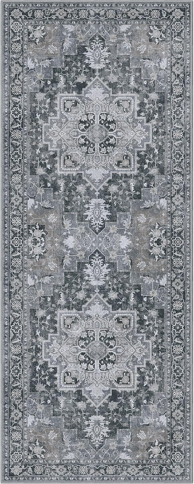 GENIMO 2'6''x14 Runner Rugs for Hallway, Machine Washable Non Slip Vintage Rugs, Low Pile Lightweight Soft Print Rug for enrtyway, Corridor, Home Office, Kitchen,Dark Gray