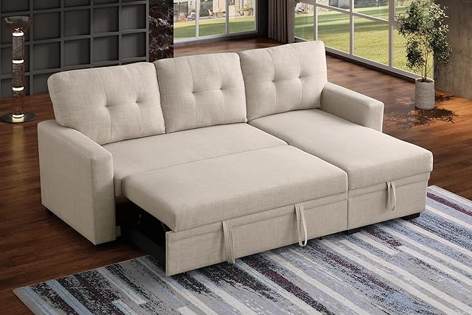 Devion Furniture Meridian 4-in-1 Convertible L Shaped Couch with Pull Out Bed and Storage, Sectional Sleeper Sofa with Reversible Chaise for Living Room, Apartment, Bedroom, Office