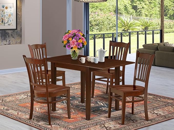 East West Furniture NDGR5-MAH-W 5 Piece Kitchen Table Set for 4 Includes a Rectangle Dining Table with Dropleaf and 4 Dining Room Chairs, 30x48 Inch, Mahogany