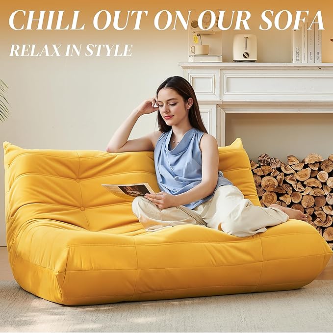 Bean Bag Chair, Loveseat Fireside Chair Bean Bag Sofa for Adults, 2 Seater Bean Bag Chairs for Teens with High-Resilience Foam, Memory Foam Bean Bag for Living Room, Bedroom, Office (Suede, Yellow)
