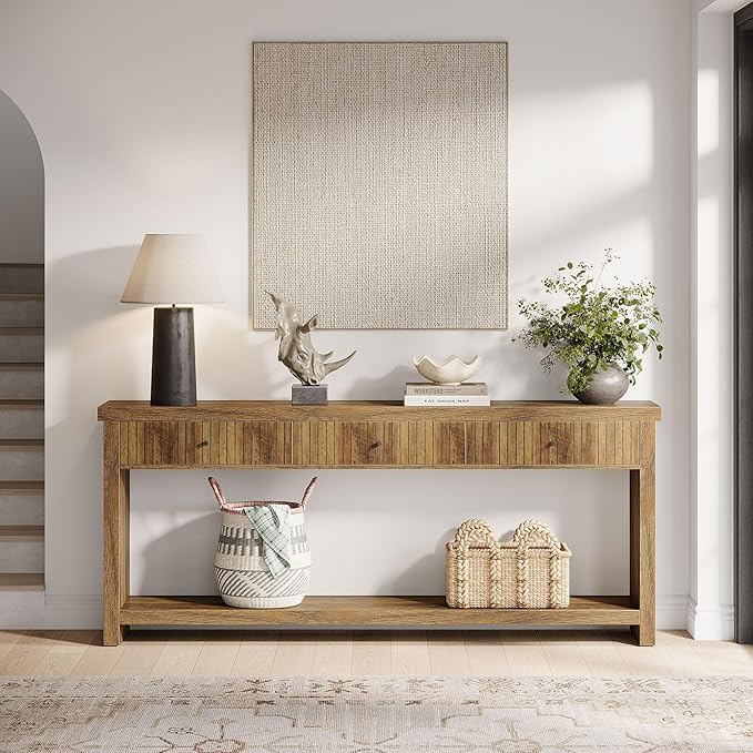 Tribesigns 70.9 inch Console Table with 3 Drawers, Extra Long Entryway Table, Wood Sofa Table Oak Furniture with Open Storage Shelves Wooden Couch Table Foyer Tables for Living Room Hallway Entrance