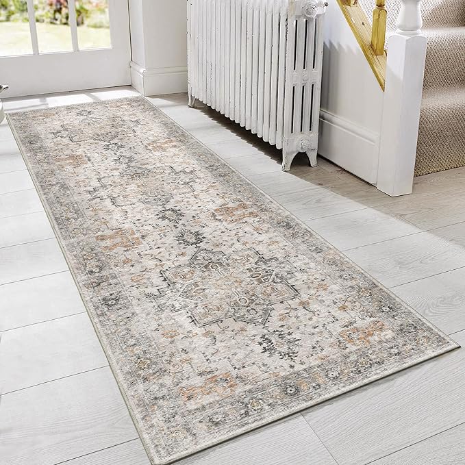 GENIMO Runner Rug 2x8 Non Slip Vintage Hallway Runner Rug, Low Pile Lightweight Rugs for Entryway, Hallway, Kitchen and Corridor, Light Taupe Brown