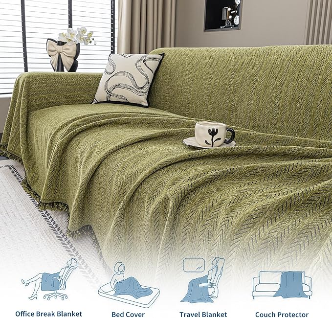 Nobildonna Sofa Cover Washable Soft Thicken Chenille Couch Cover with Tassel,Waterproof Sofa Slipcover for 3-4 Cushion Couch,Sectional Sofa,L-Shaped Furniture Protector Pet-Friendly,Green 91"x150"