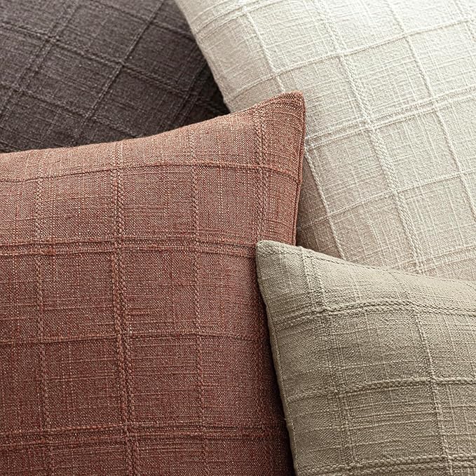 Foindtower Set of 2 Decorative Linen Check Throw Pillow Covers Neutral Farmhouse Vintage Cushion Covers Modern Boho Home Decor for Sofa Chair Couch Bedroom Living Room Outdoor,22×22 Inch,Autumnal Red