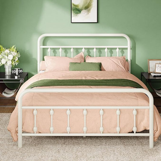 Allewie 14 Inches Queen Size Metal Platform Bed Frame with Victorian Style Iron-Art Headboard/Footboard, Mattress Foundation, Easy Assembly, Under Bed Storage, No Box Spring Required, Off White