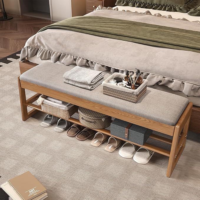 Shoe Rack Bench with Cotton-Linen Cushion 2-Tier Wooden Storage Bench 550lbs Compact Simple & Modern Design for Entryway, Hallway, Bedroom, Living Room, Closet, Front Door Entrance, Foyer