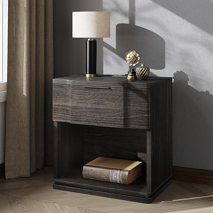 Nightstand with Charging Station, Wooden Curved Night Stand Bedside Table with Storage Shelf & Drawer, Large Mid Century Modern Accent End Table for Bedroom Living Room Office, Black and Gray