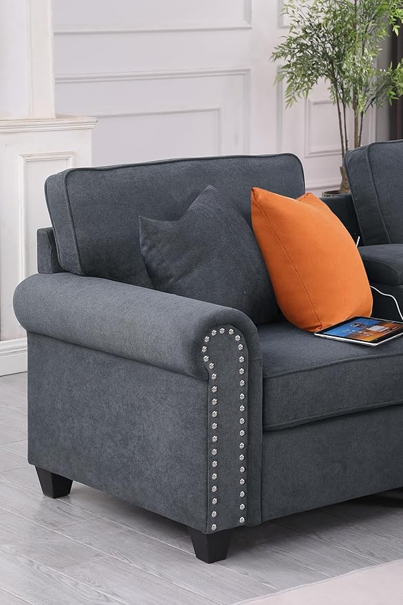 L-Shape Modular Sectional Sofa for Living Room with Movable Ottoman & Nailhead Trim Armrest,7 Seat Convertible Sectional Couch W/Cup Holder,USB Port & Hidden Storage Box,6 Pillow,Gray,127"