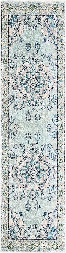 SAFAVIEH Monaco Collection Runner Rug - 2'2" x 8', Light Blue & Ivory, Boho Chic Medallion Distressed Design, Non-Shedding & Easy Care, Ideal for High Traffic Areas in Living Room, Bedroom (MNC243K)