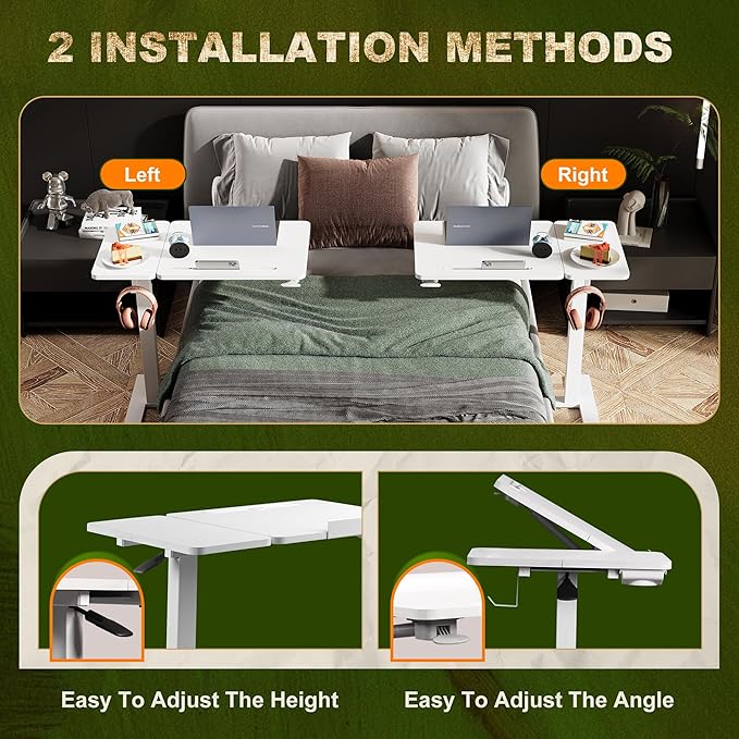 Standing Desk, Medical Overbed Table with Rolling Tray, Dual Pneumatic Angle and Height Adjustable Desk, Portable Side Table with Hidden Wheels, Home & Hospital Use, White