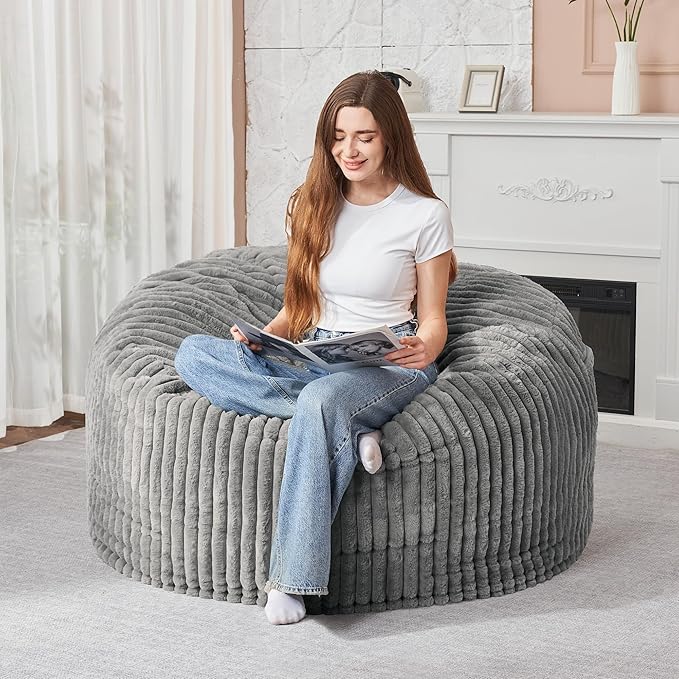 HABUTWAY 3FT Bean Bag Chair, 3' Large Bean Bag Chairs for Adults with Removable Stripe Plush Cover, Memory Foam Beanbag Chair for Living Room Bedroom Dorm (Grey)
