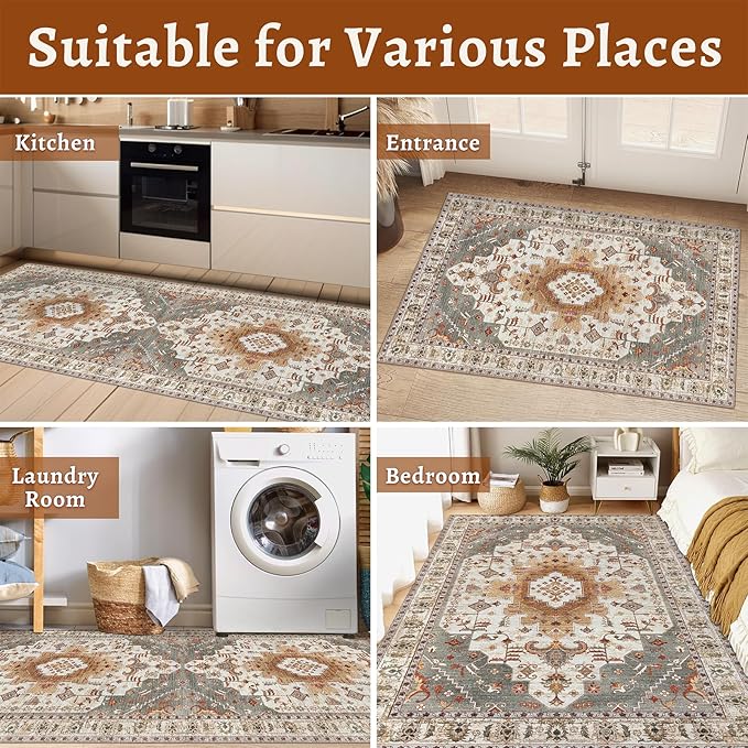 Tangsoo Vintage Rug 2x3 Washable for Entryway, Non Slip Small Area Rug, Indoor Front Door, Print Distressed Turmeric Door Mat Carpet, Soft Low Pile Rugs for Entrance Kitchen Bedroom Bathroom