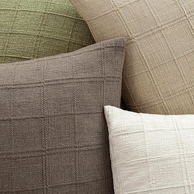 Foindtower Set of 2 Decorative Linen Check Throw Pillow Covers Neutral Farmhouse Vintage Cushion Covers Modern Boho Home Decor for Sofa Chair Couch Bedroom Living Room Outdoor,20×20 Inch,Taupe Grey