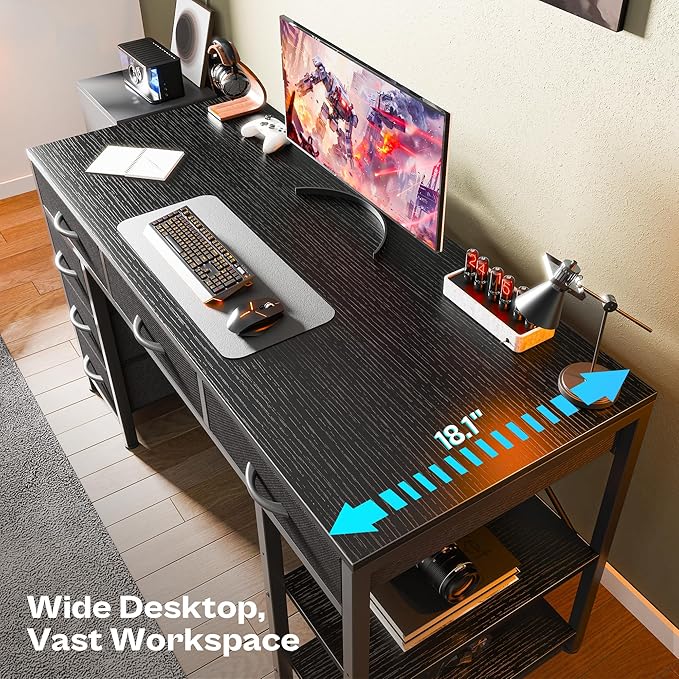 Huuger Computer Desk with 6 Drawers, 47 Inch Office Desk with Shelves, Reversible Gaming Desk, Corner Desk with Storage, Work Desk for Home Office, Study, Living Room, Black