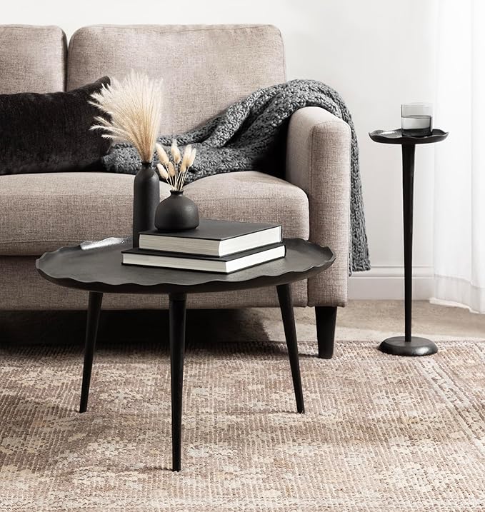 Kate and Laurel Alessia Modern Decorative Metal Drink Table; 8 x 8 x 22; Black; Round Cast Aluminum Pedestal Plant Stand with Rough Texture and Deckled Edge