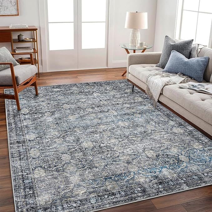 Washable Area Rug 4'x6' Traditional Floor Cover Foldable Thin Rugs Retro Kitchen Indoor Distressed Non Slip Carpet Floral Print Mat Bedroom Living Room