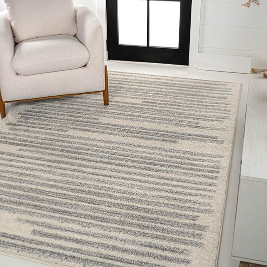 JONATHAN Y Khalil Modern Berber Stripe Cream/Gray Indoor Area Rug, 8x10, Contemporary, Bohemian, Easy-Cleaning for Living Room, Bedroom, Kitchen, Pet Friendly, Non-Shedding (MOH207C-8)