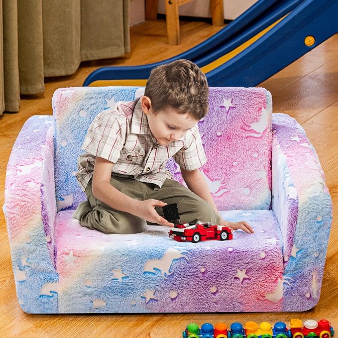 Lamerge 2-in-1 Soft Toddler Couch Fold Out,Foldable Toddler Chair, Glow in The Dark Kids Sofa for playroom,Convertible Foam and Floor Cushion for Boys and Girls (Rainbow and Unicorn)