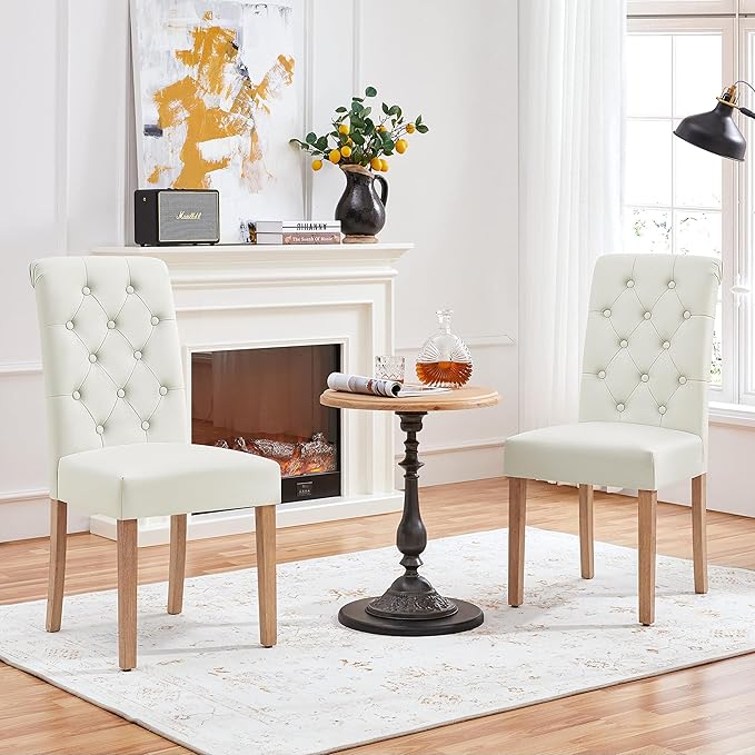 Yaheetech Dining Chairs Set of 2 Fabric Upholstered Dining Room Chairs with Button Tufted High Back and Solid Wood Legs for Kitchen/Living Room/Restaurant, Modern Style, Beige