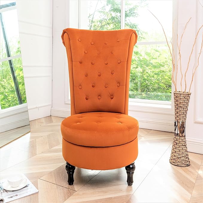 Container Furniture Direct Royal High-Back Velvet Accent Chair for Vanity with Storage and Luxurious Upholstery, Retro Design and Versatile Usage for Livingroom, Bedroom, Lounge and Office, Red Orange