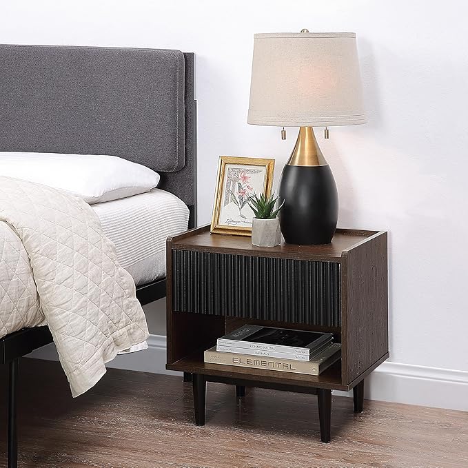 Manhattan Comfort Duane Modern Ribbed Nightstand, Bedside Table with Full Extension Drawer and Open Shelf, Industrial Chic Living Room and Bedroom Furniture, Black