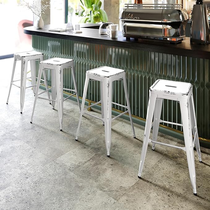 Flash Furniture Kai Commercial Grade 30" High Backless Distressed White Metal Indoor-Outdoor Barstool
