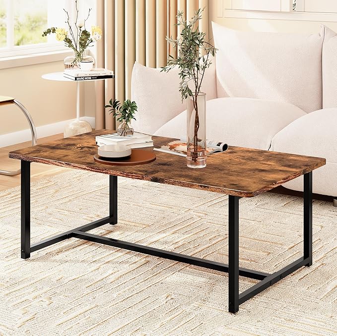 Coffee Table Living Room, Modern Center Table Rectangular, Industrial Furniture, Sofa End Tables/Tea Table/Table Basse De Salon with Metal Black Frame Rustic Brown