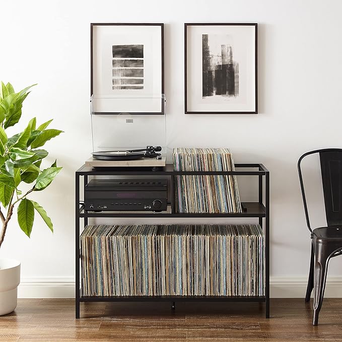 Crosley Furniture Provo Console Record Player Stand with Storage for Vinyl Records, Matte Black/Brown