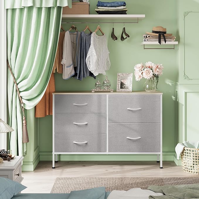 WLIVE Dresser for Bedroom with 5 Drawers, Wide Bedroom Dressers with Drawer Organizers, Chest of Drawers, Fabric Dresser for Living Room, Closet, Hallway, Light Grey