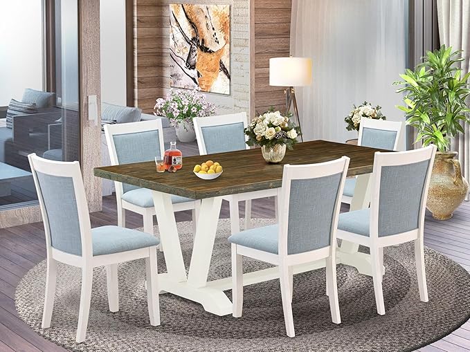 East West Furniture V077MZ015-7 7 Piece Dinette Set Consist of a Rectangle Dining Room Table with V-Legs and 6 Baby Blue Linen Fabric Parson Dining Chairs, 40x72 Inch, Multi-Color